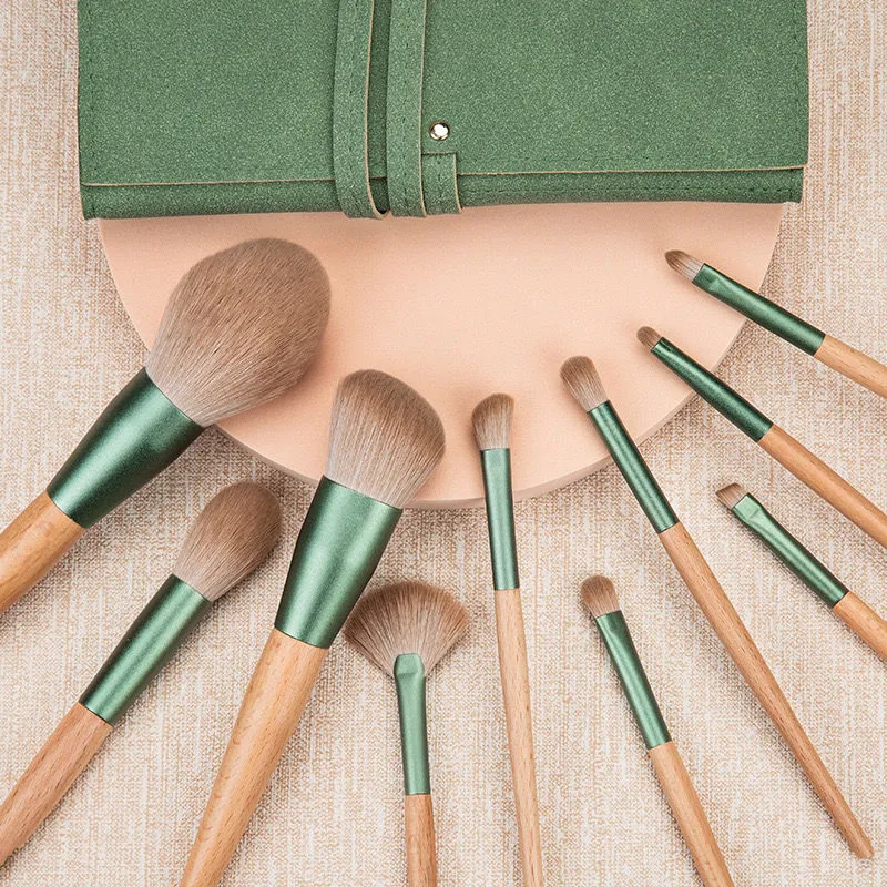 10 PCs Cyan Makeup Brushes with Wooden Handle Make-up Tools with Abundant Wool