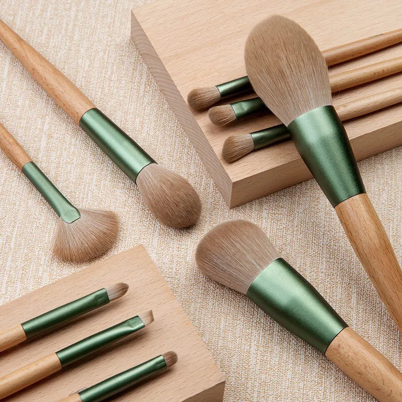 10 PCs Cyan Makeup Brushes with Wooden Handle Make-up Tools with Abundant Wool