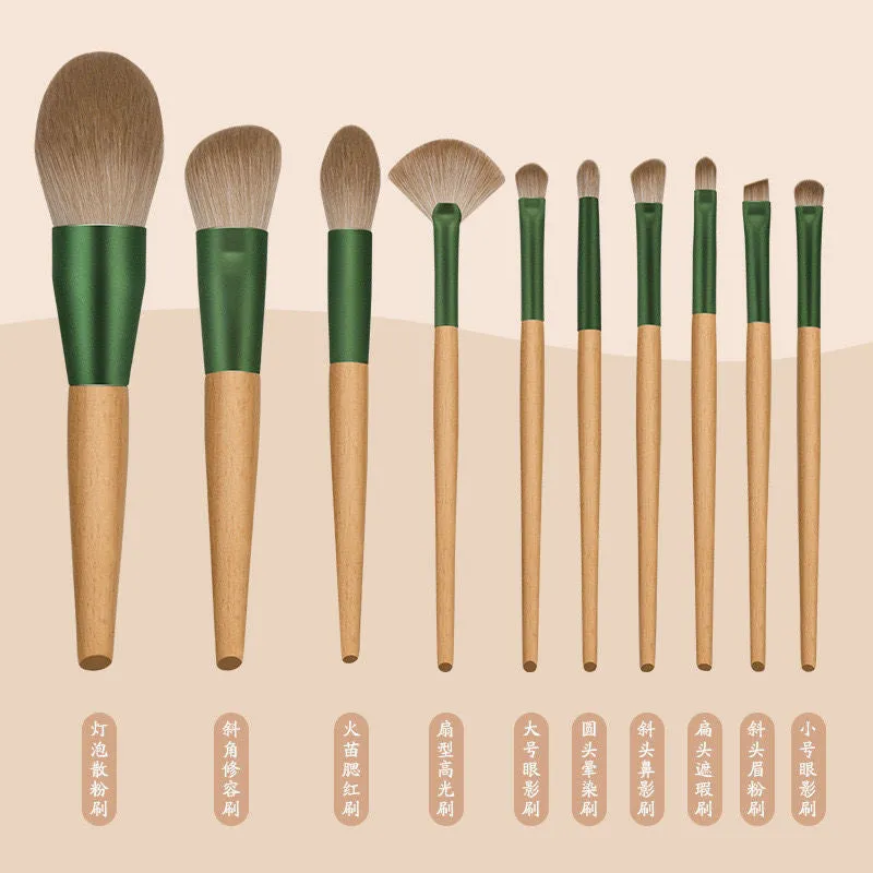 10 PCs Cyan Makeup Brushes with Wooden Handle Make-up Tools with Abundant Wool