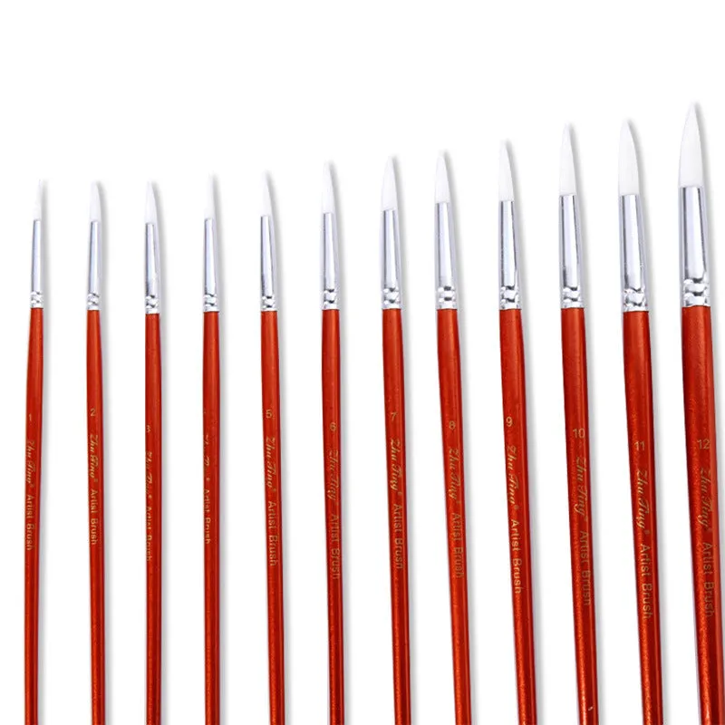 12 Red Wooden Watercolor Pen Nylon Wool Gouache Paint Brushes Pen