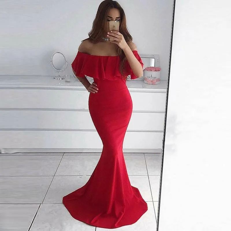 2019 Simple Red Off Shoulder Long Evening Prom Dresses, QB0452