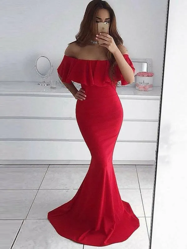 2019 Simple Red Off Shoulder Long Evening Prom Dresses, QB0452