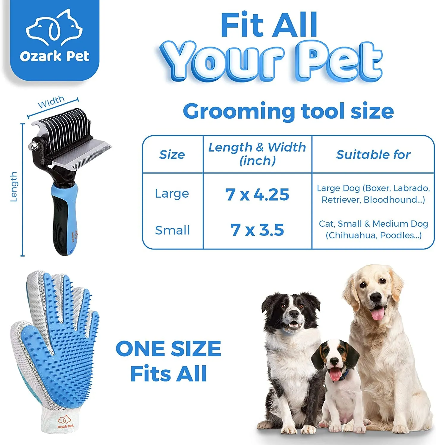 3-in-1 Pet Grooming Kit: Deshedding Brush, Dematting Tools, Shedding Brush Glove