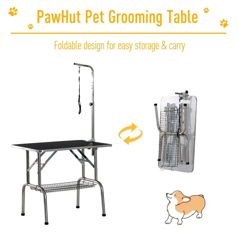 36" Stainless Steel Dog Grooming Table with Adjustable Arm and Basket - Black