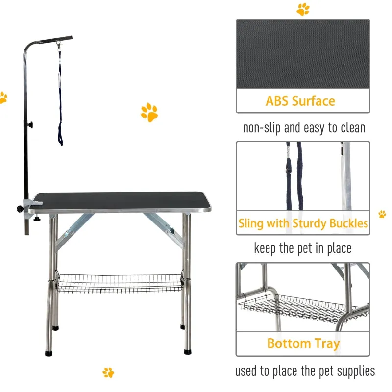 36" Stainless Steel Dog Grooming Table with Adjustable Arm and Basket - Black