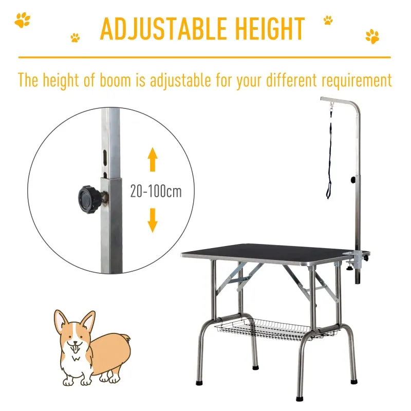 36" Stainless Steel Dog Grooming Table with Adjustable Arm and Basket - Black