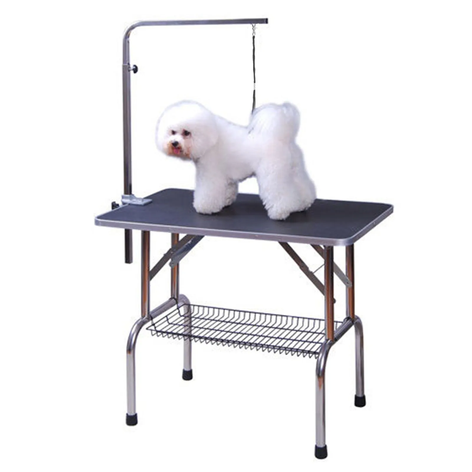 36" Stainless Steel Dog Grooming Table with Adjustable Arm and Basket - Black