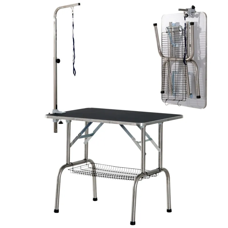 36" Stainless Steel Dog Grooming Table with Adjustable Arm and Basket - Black