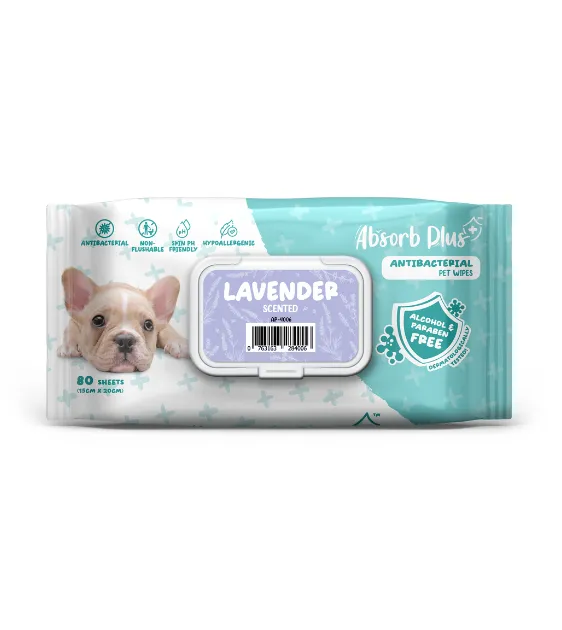 Absorb Plus Antibacterial Alcohol & Paraben Free Pet Wipes (Lavender, 80pcs)