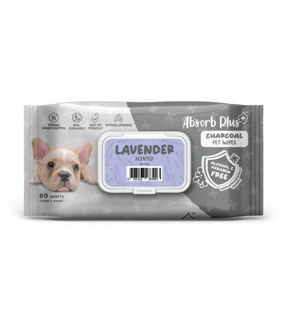 Absorb Plus Charcoal Alcohol & Paraben Free Pet Wipes (Lavender, 80pcs)