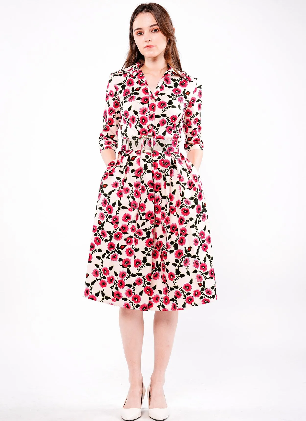 Audrey Dress #1 Shirt Collar 3/4 Sleeve Long Length Cotton Stretch (Azalea Flower Small)