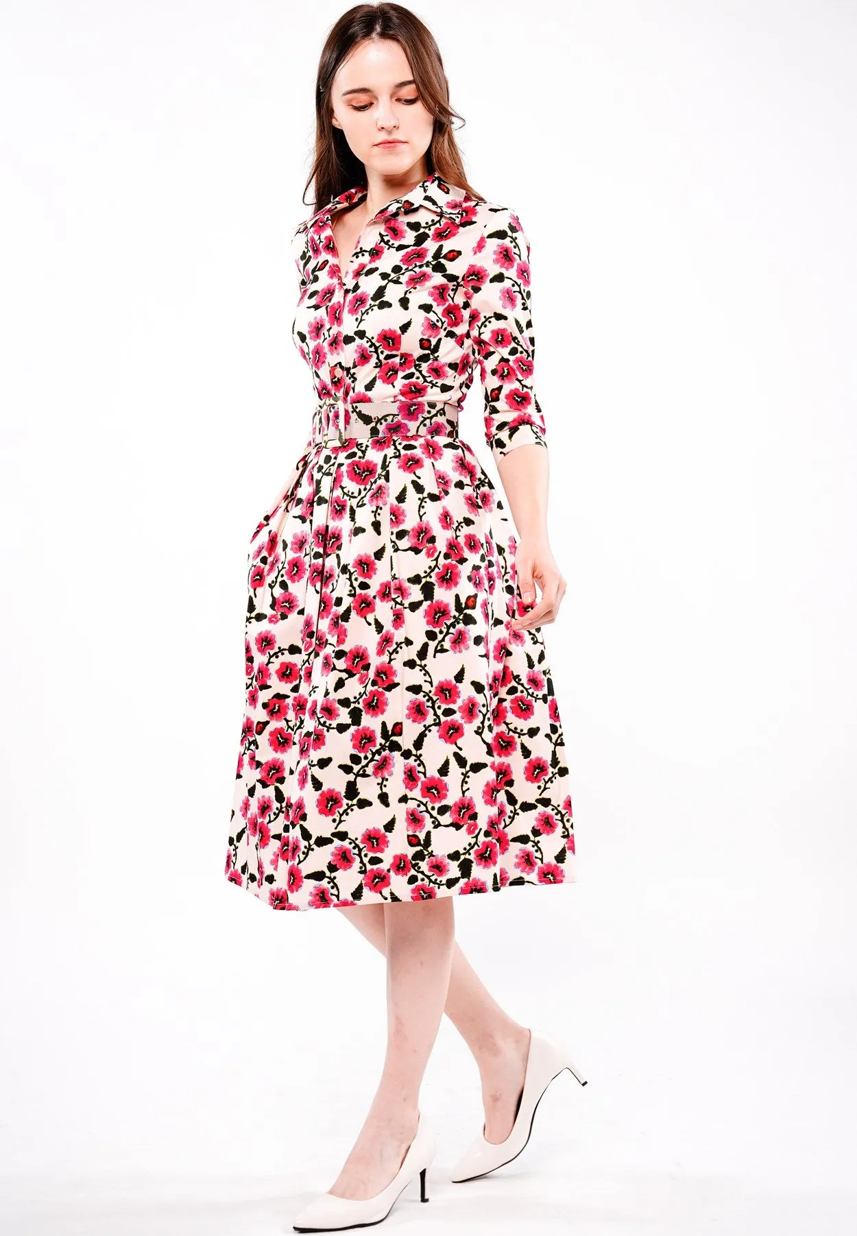 Audrey Dress #1 Shirt Collar 3/4 Sleeve Long Length Cotton Stretch (Azalea Flower Small)