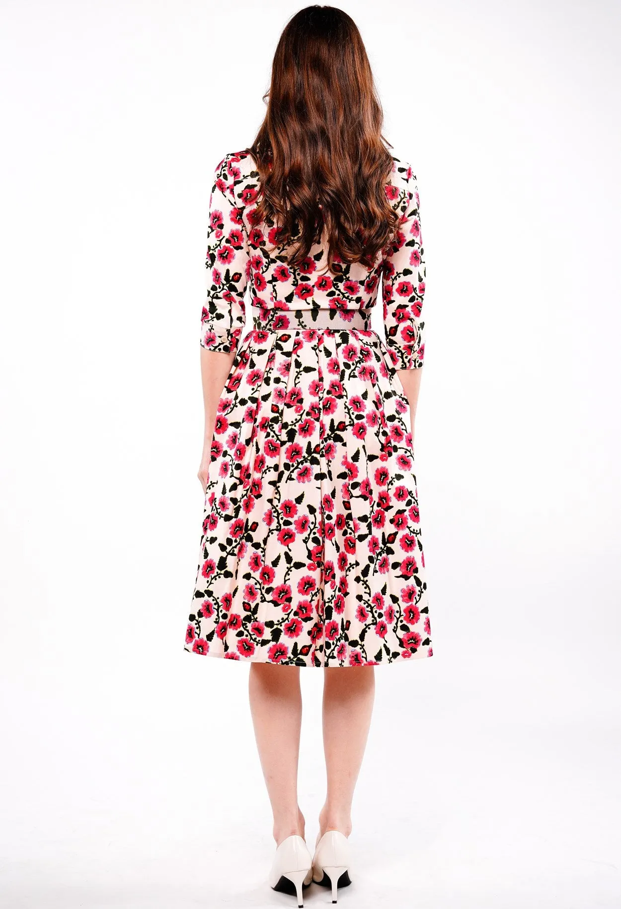 Audrey Dress #1 Shirt Collar 3/4 Sleeve Long Length Cotton Stretch (Azalea Flower Small)