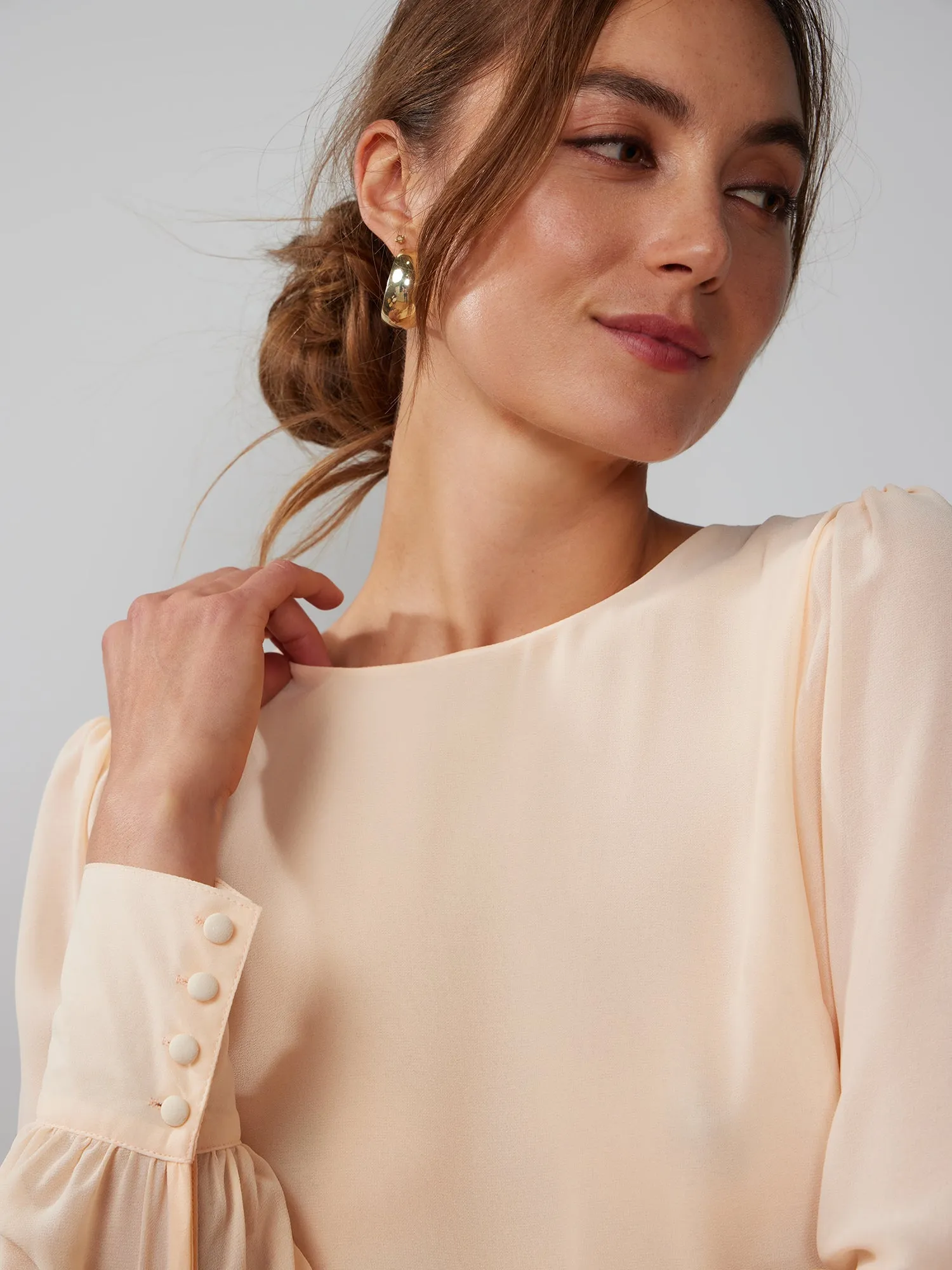 Bishop Sleeve Crew Neck Chiffon Blouse