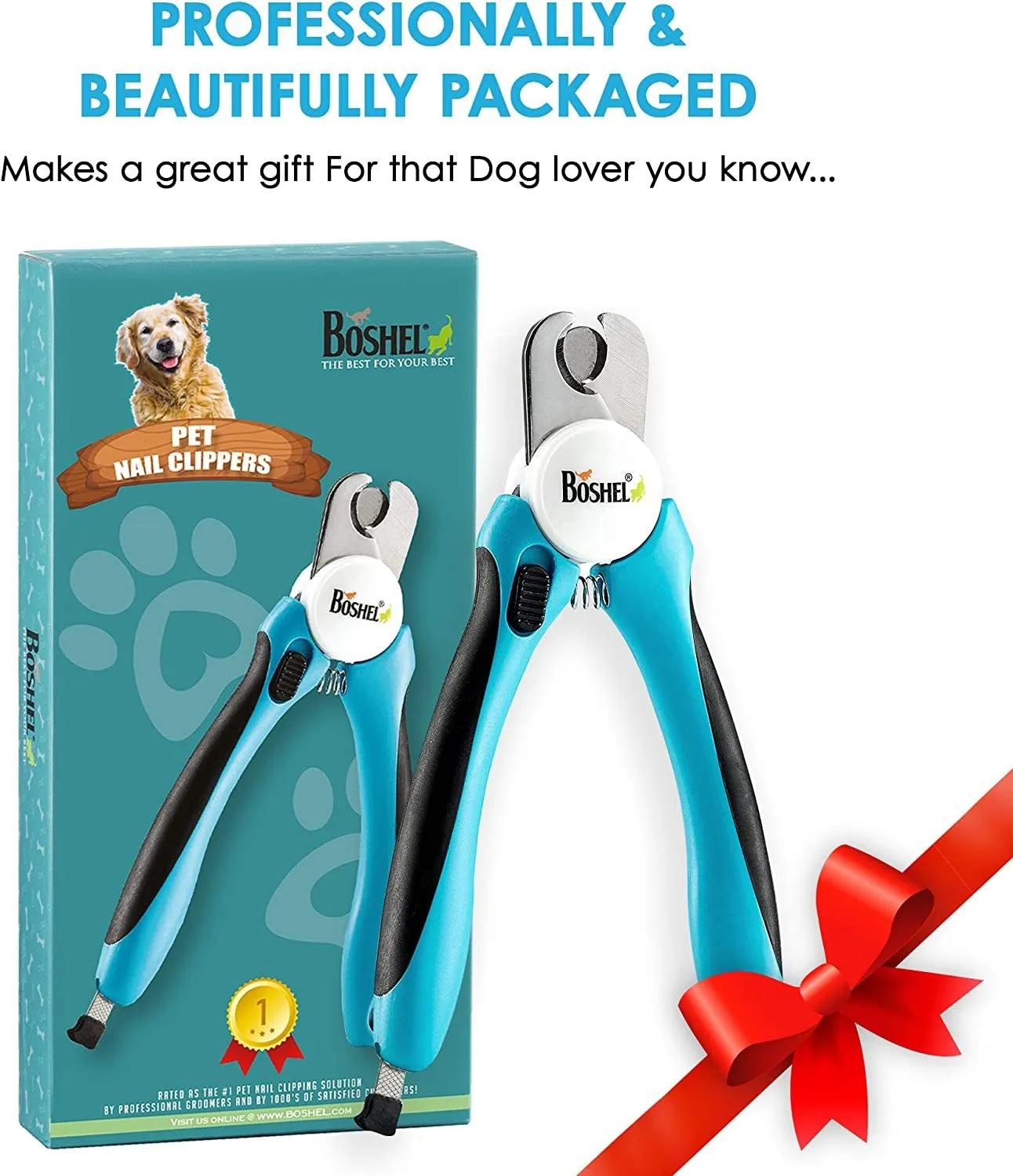 BOSHEL Dog Nail Clippers and Trimmer - with Safety Guard to Avoid Over-Cutting Nails & Free Nail File - Razor Sharp Blades - Sturdy Non Slip Handles - for Safe, Professional at Home Grooming