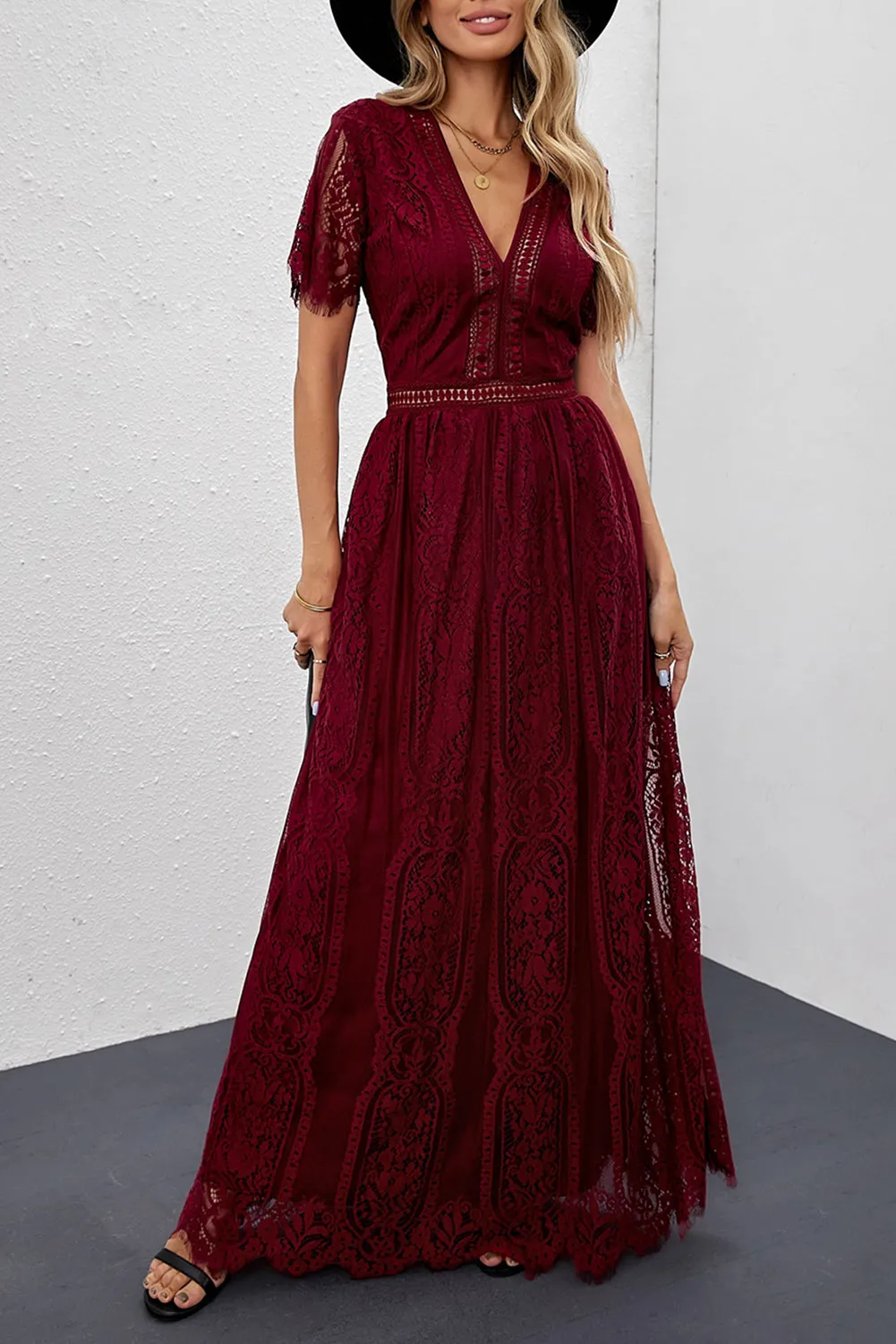 Burgundy Lace Maxi Party Dress