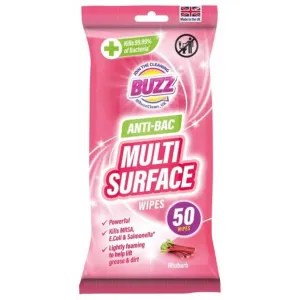 Buzz Antibacterial Surface Wipes Rhubarb, 50 Pack