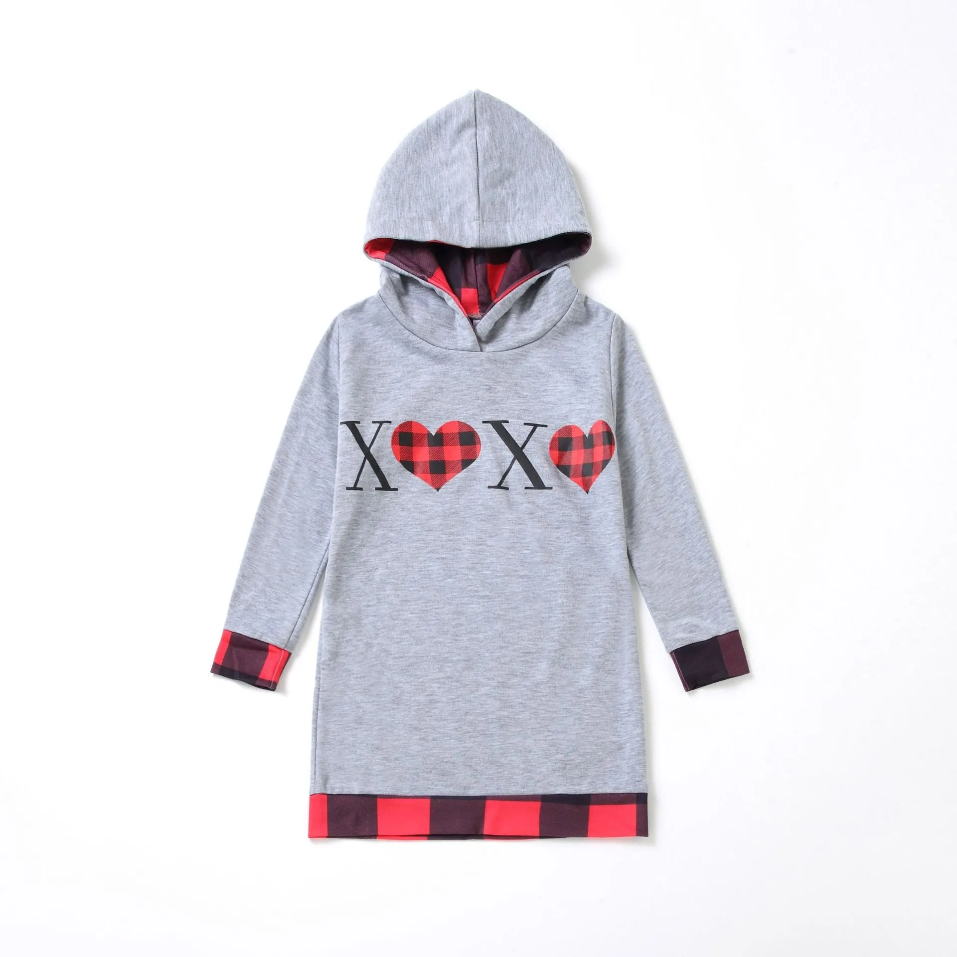 Contrast Plaid Print Long-sleeve Hoodie Dress for Mom and Me