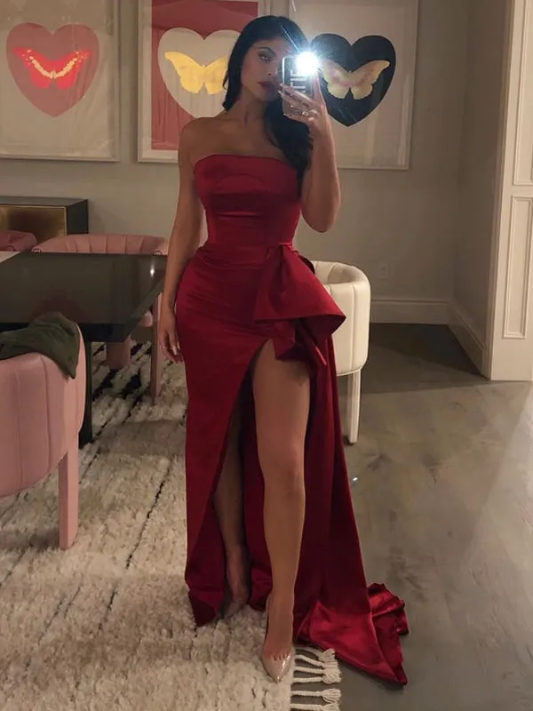 Dark Red Strapless Sheath Slit Sexy Unique Prom Dresses,PD00309