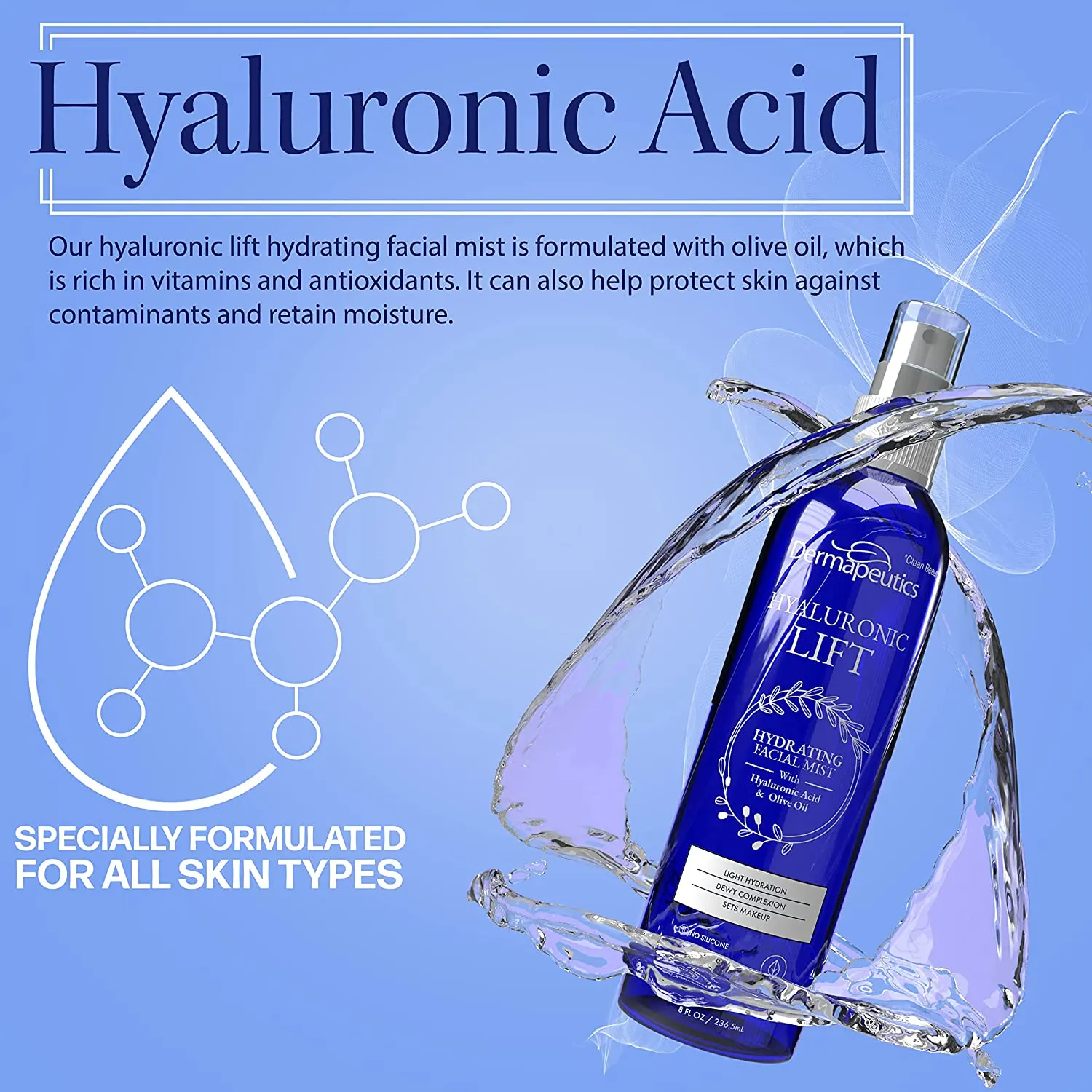 Dermapeutics Hyaluronic Acid Mist for Face with Olive Oil, 8 Fl Oz