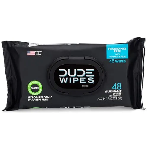 DUDE Wipes - Flushable Wipes - 1 Pack, 48 Wipes - Unscented Extra-Large Adult Wet Wipes - Vitamin-E & Aloe for at-Home Use - Septic and Sewer Safe