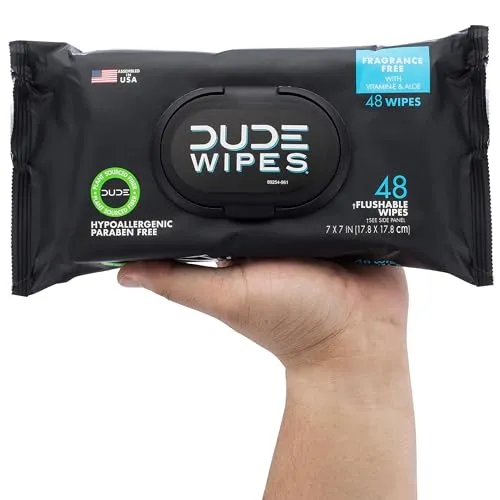 DUDE Wipes - Flushable Wipes - 1 Pack, 48 Wipes - Unscented Extra-Large Adult Wet Wipes - Vitamin-E & Aloe for at-Home Use - Septic and Sewer Safe