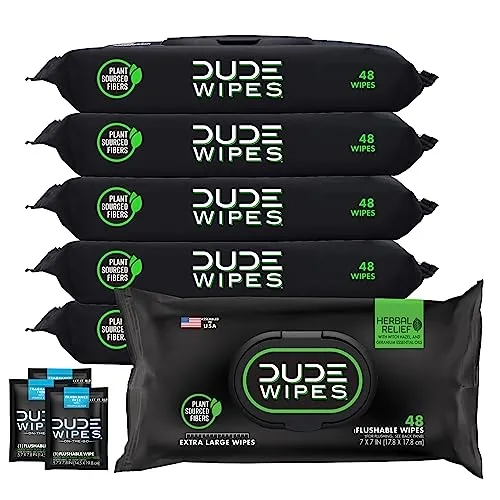 DUDE Wipes - Flushable Wipes - 6 Pack, 288 Wipes - Herbal Relief Extra-Large Adult Wet Wipes - Witch Hazel & Geranium Essential Oils - Septic and Sewer Safe Butt Wipes For Adults   3 On-The-Go Wipes