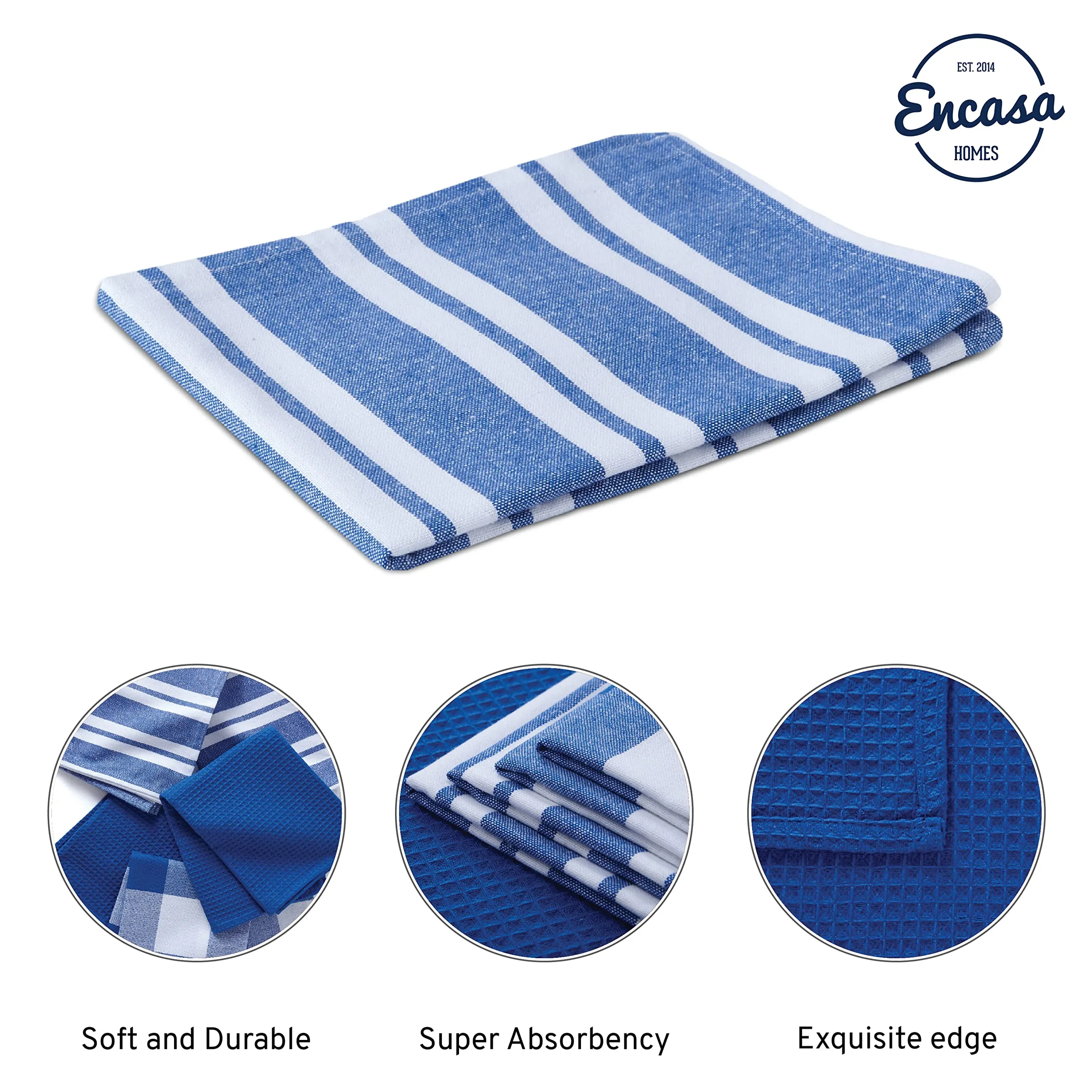 Encasa Homes Anti-Bacterial Kitchen Dish Towels X-Large 18 x 28 inch (5pc Set Waffle, Stripe, Check) Eco-Friendly Cotton, Highly Absorbent Teatowel for Quick Cleaning & Drying Plates & Glasses - Blue