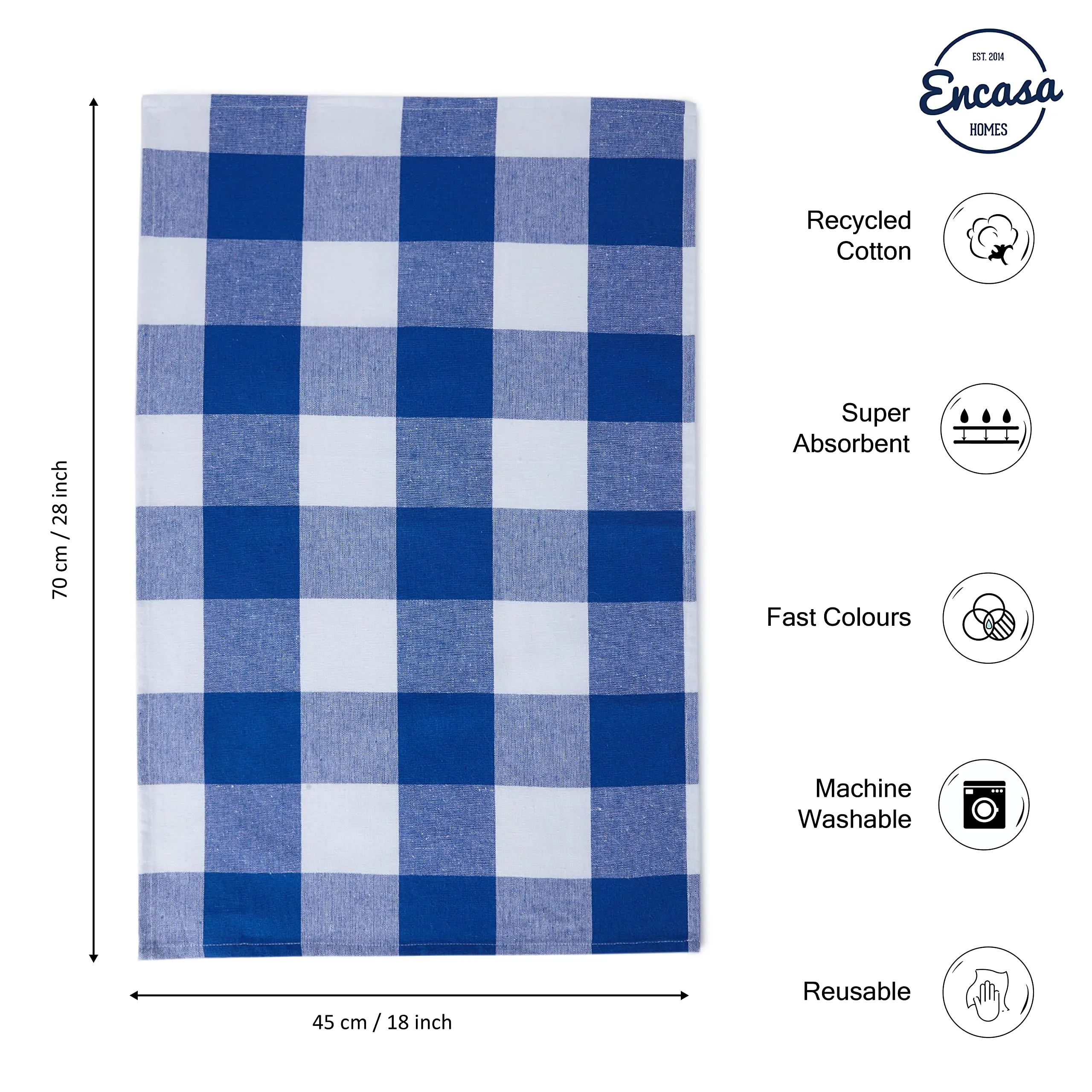 Encasa Homes Anti-Bacterial Kitchen Dish Towels X-Large 18 x 28 inch (5pc Set Waffle, Stripe, Check) Eco-Friendly Cotton, Highly Absorbent Teatowel for Quick Cleaning & Drying Plates & Glasses - Blue