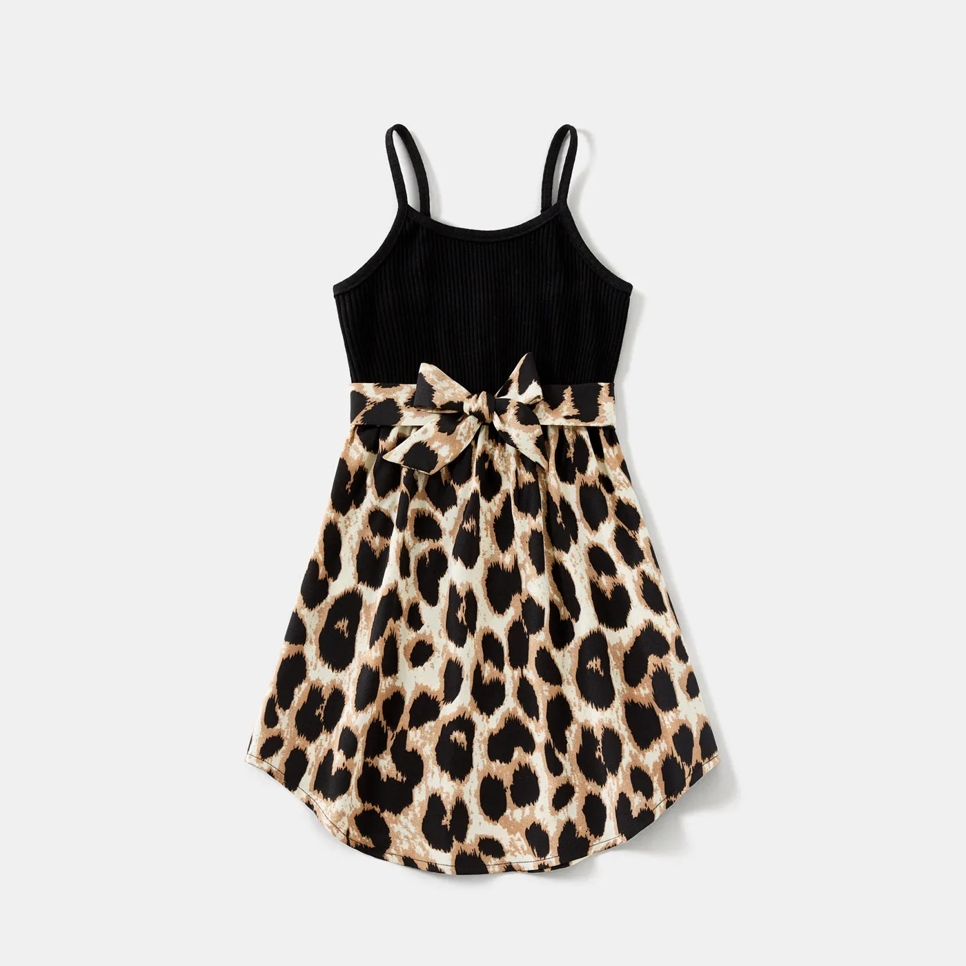 Family Matching 95% Cotton Short-sleeve T-shirts and Rib Knit Spliced Leopard Belted Cami Dresses Sets