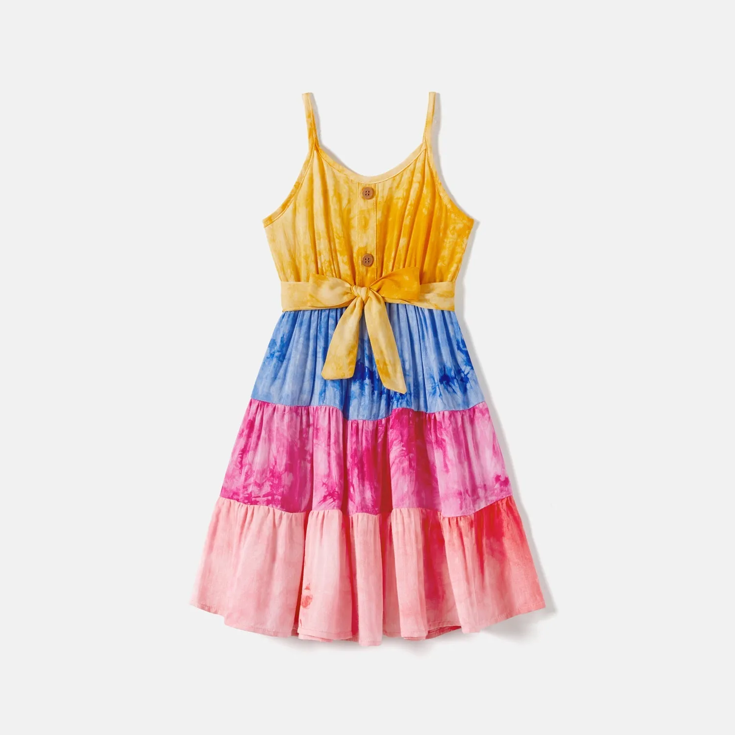 Family Matching Cotton Short-sleeve Tie Dye T-shirts and Belted Cami Dresses Sets