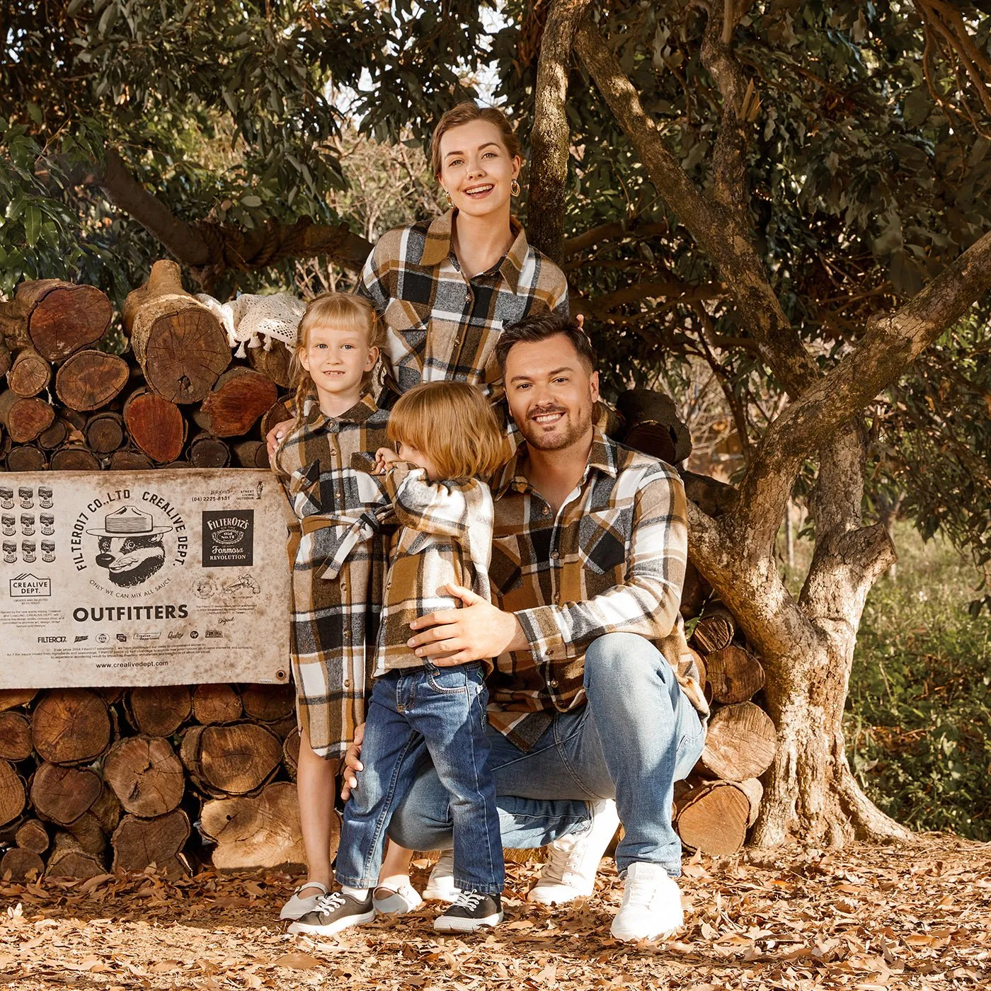 Family Matching Long-sleeve Button Up Coffee Plaid Shirts and Dresses Sets