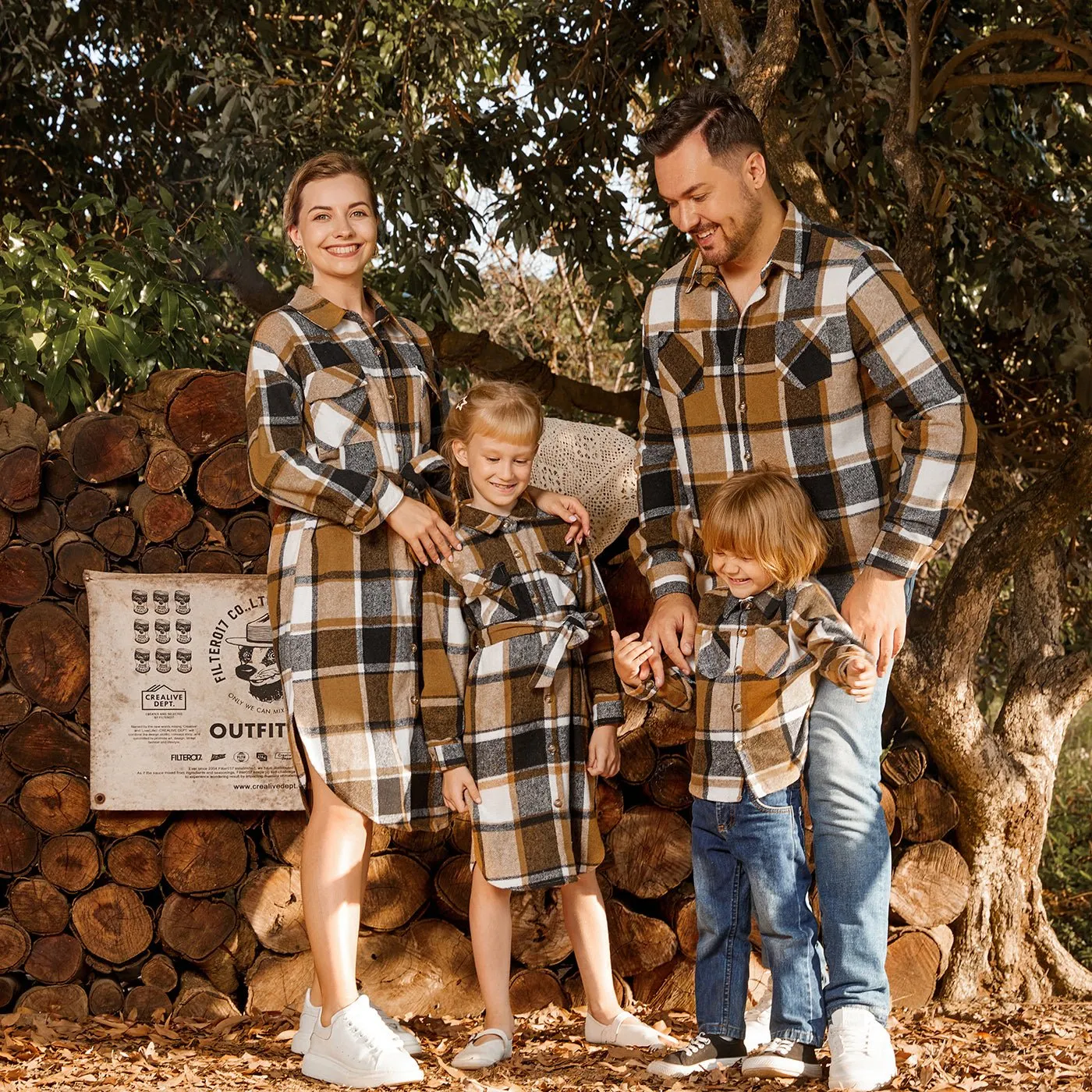 Family Matching Long-sleeve Button Up Coffee Plaid Shirts and Dresses Sets