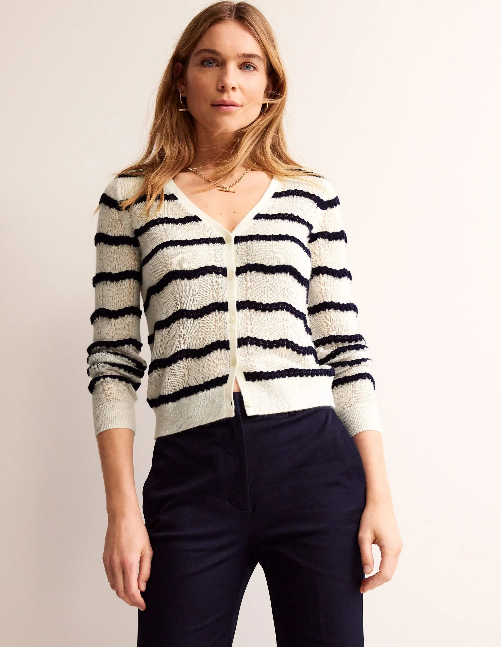 Fluffy Pointelle Cardigan-Ivory. Naval Academy Stripe