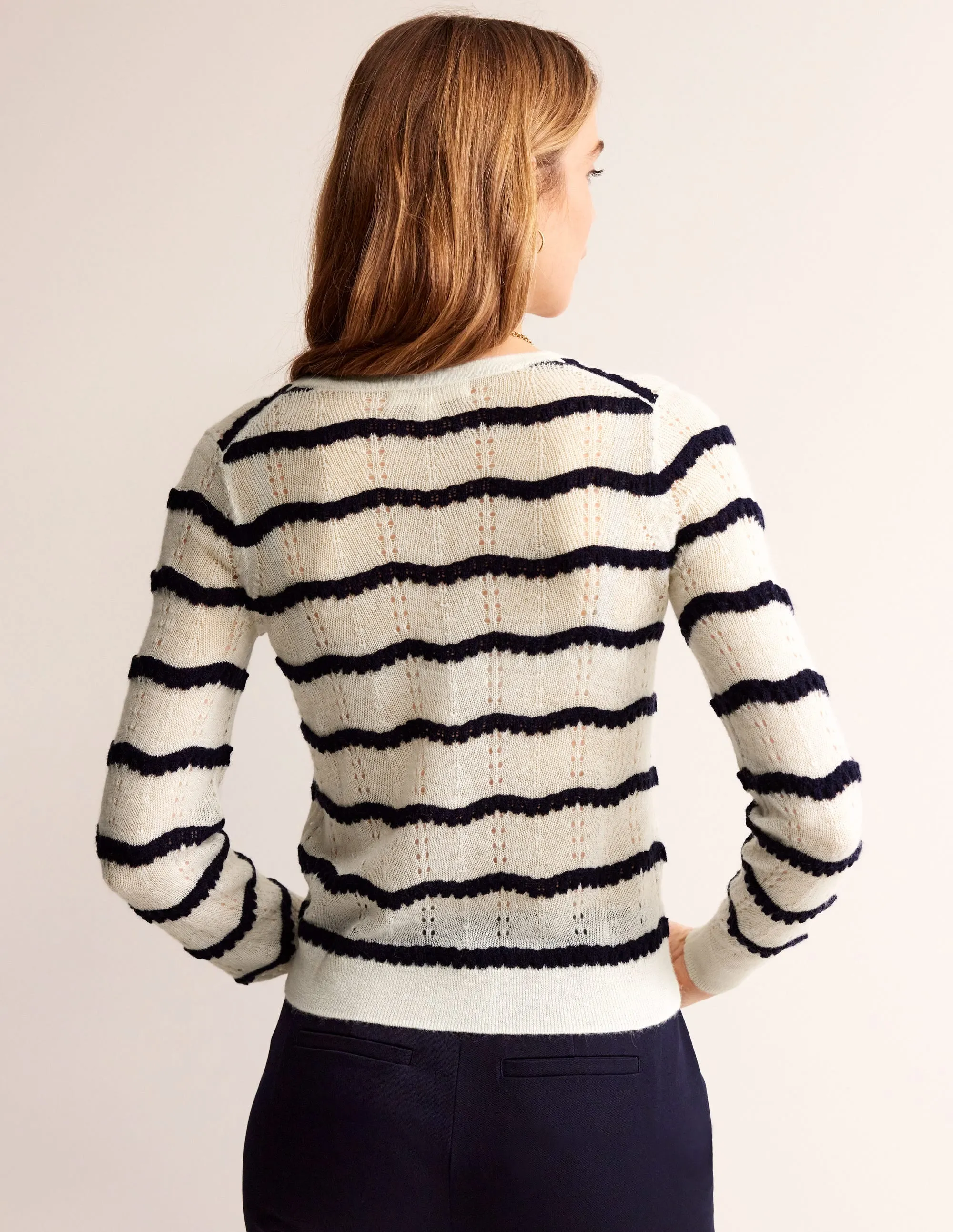 Fluffy Pointelle Cardigan-Ivory. Naval Academy Stripe