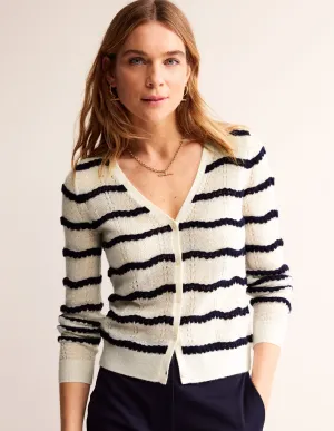 Fluffy Pointelle Cardigan-Ivory. Naval Academy Stripe