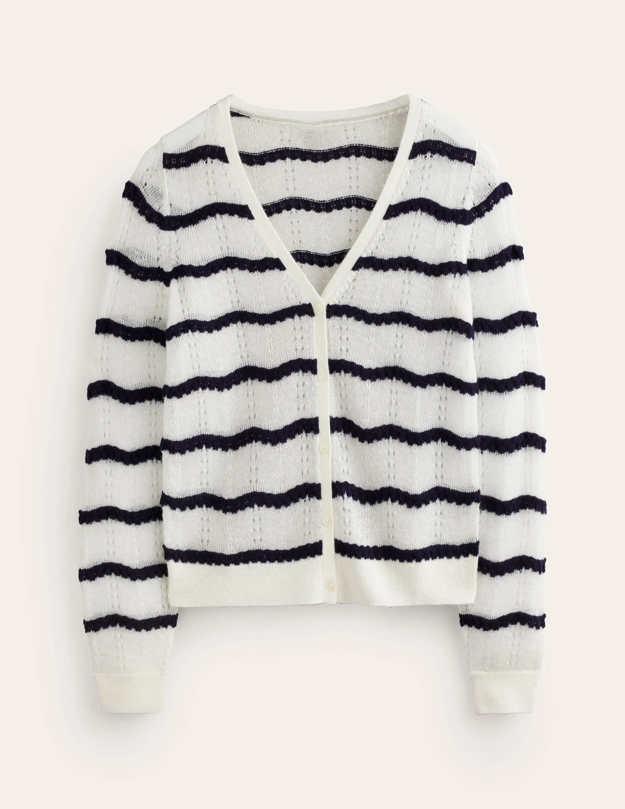 Fluffy Pointelle Cardigan-Ivory. Naval Academy Stripe