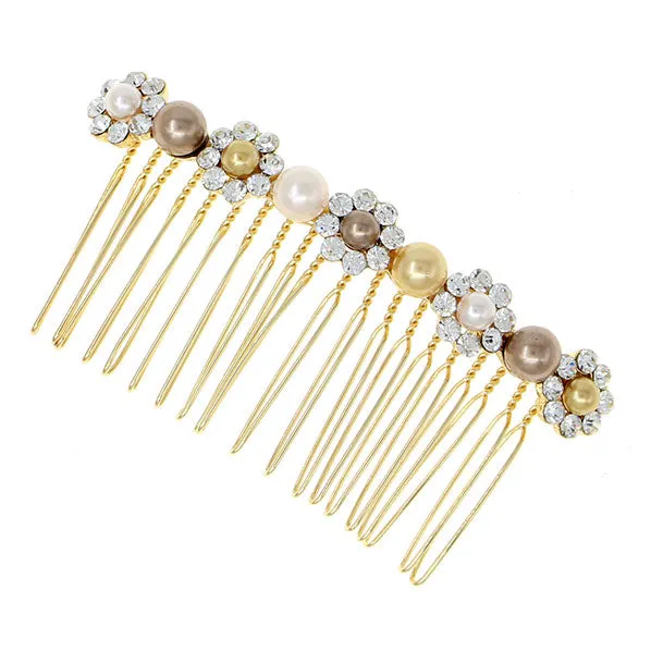 Gold Finish Pearl & Rhinestone Floral Decorative Comb