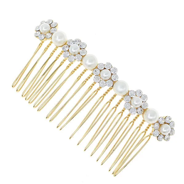 Gold Finish Pearl & Rhinestone Floral Decorative Comb