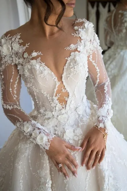 Gorgeous Long Sleeves Soft Floral Lace Bridal Gown V-Neck Wedding Dress