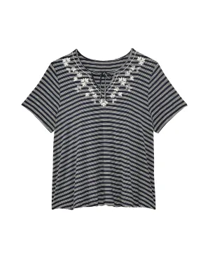 Kristin Short Sleeve Embroidered Split Neck Tee | Navy / White