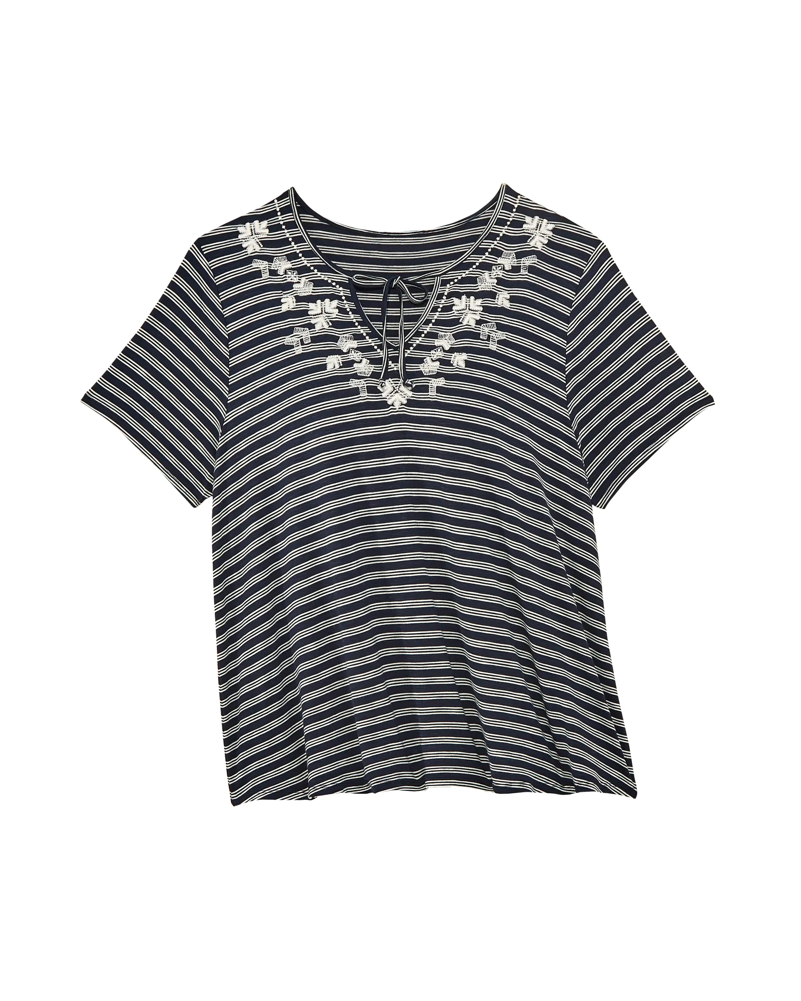 Kristin Short Sleeve Embroidered Split Neck Tee | Navy / White