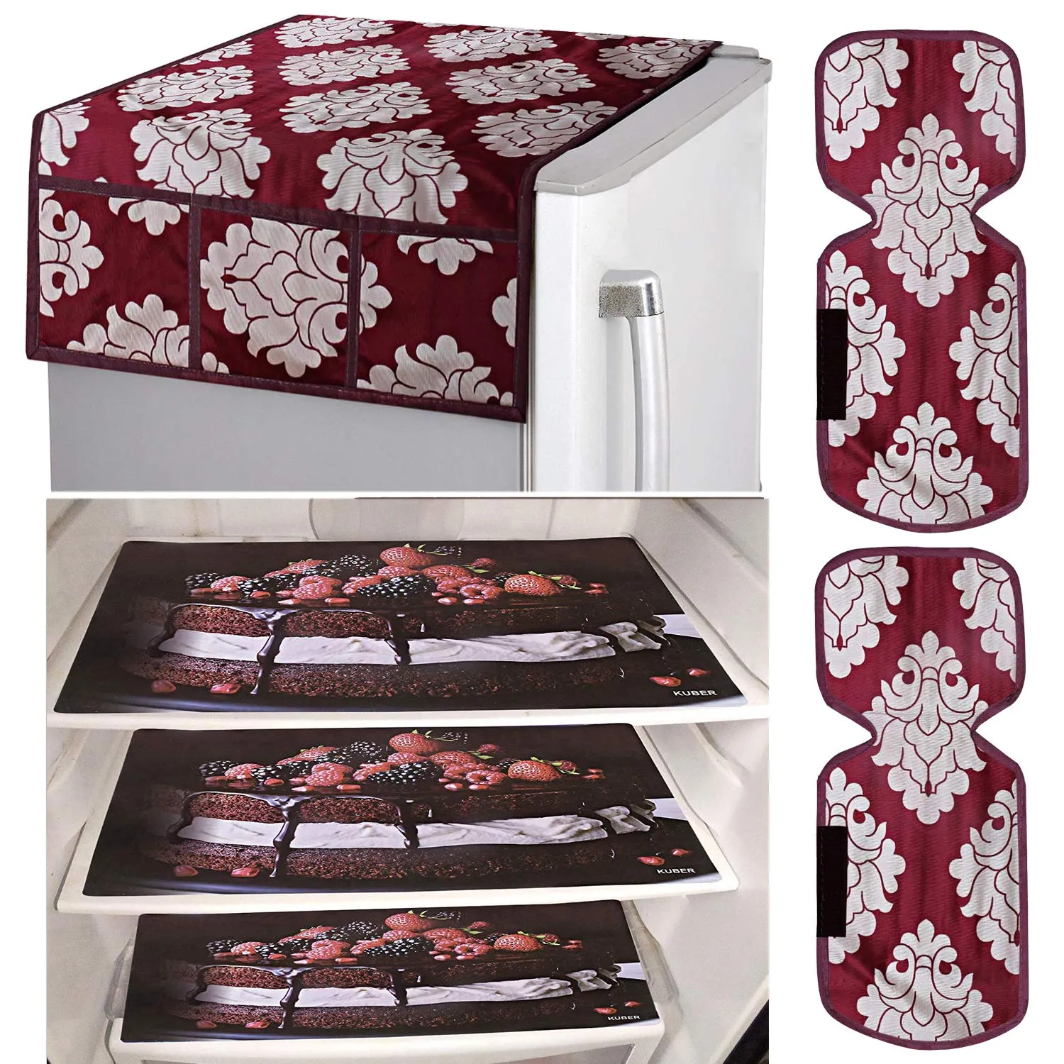 Kuber Industries Fridge Appliance Set|Flower Design & PVC Material|3 PVC Fridge Mats|2 Piece Handle Cover|1 Piece Fridge Top Cover, Set Of 1 (Maroon, CTKTC024407, Polyvinyl Chloride)