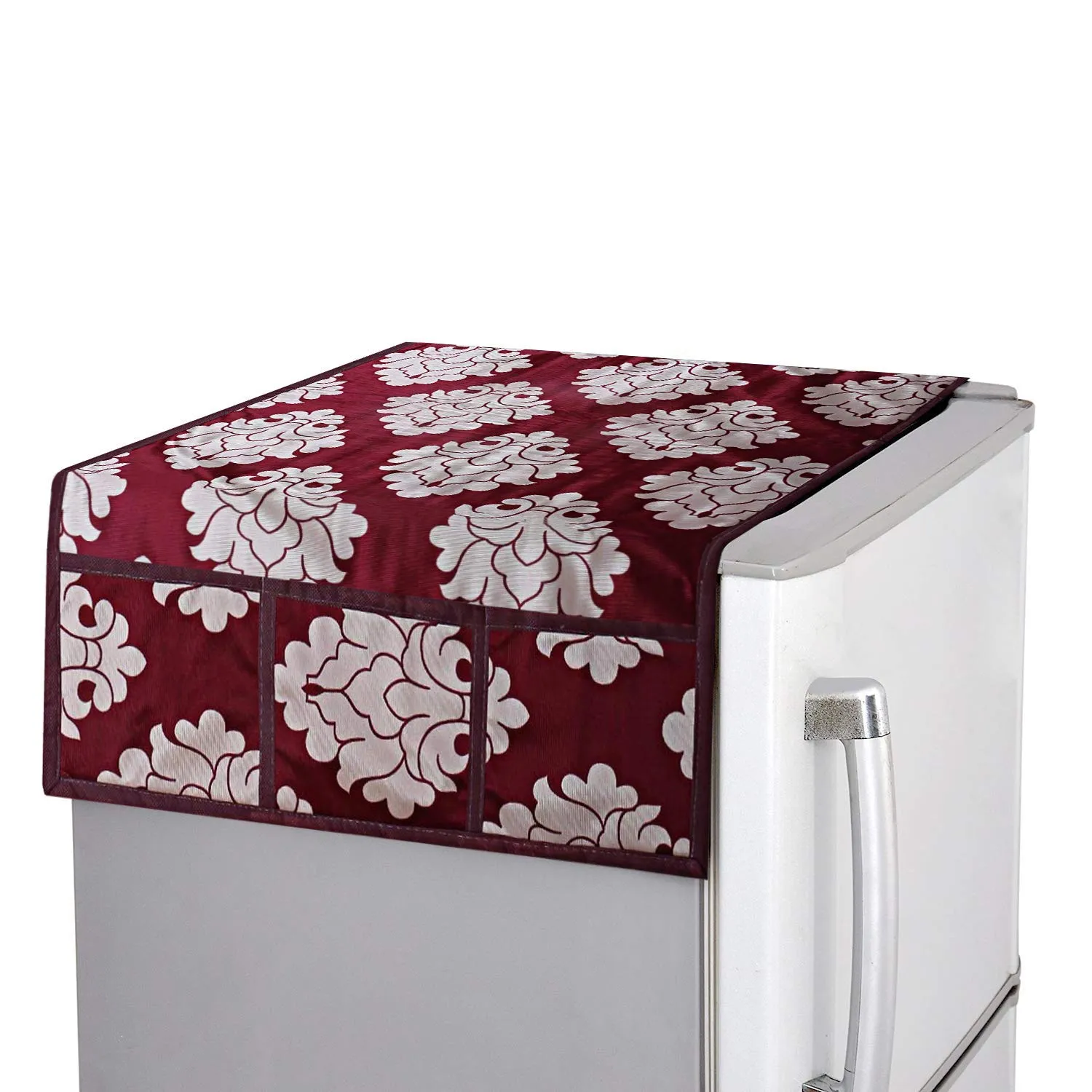 Kuber Industries Fridge Appliance Set|Flower Design & PVC Material|3 PVC Fridge Mats|2 Piece Handle Cover|1 Piece Fridge Top Cover, Set Of 1 (Maroon, CTKTC024407, Polyvinyl Chloride)