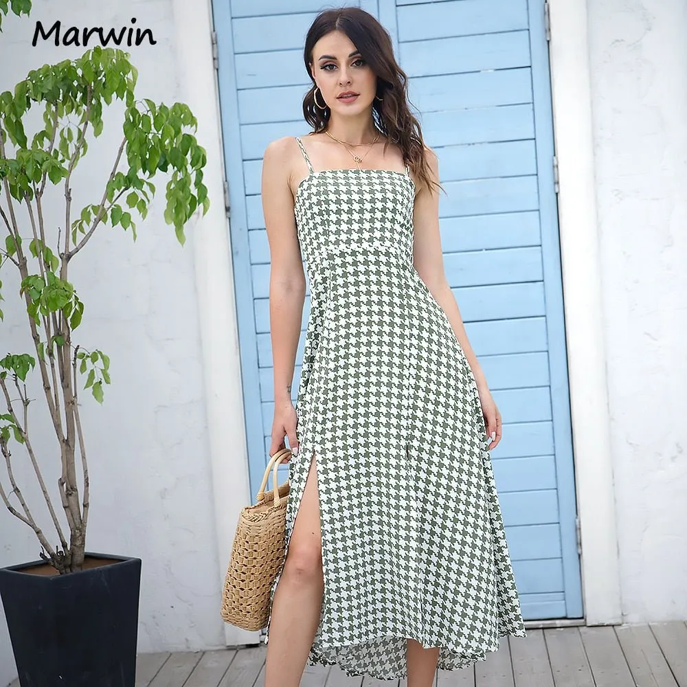 MARWIN Soft Spaghetti Strap Slit Zipper Back Dress