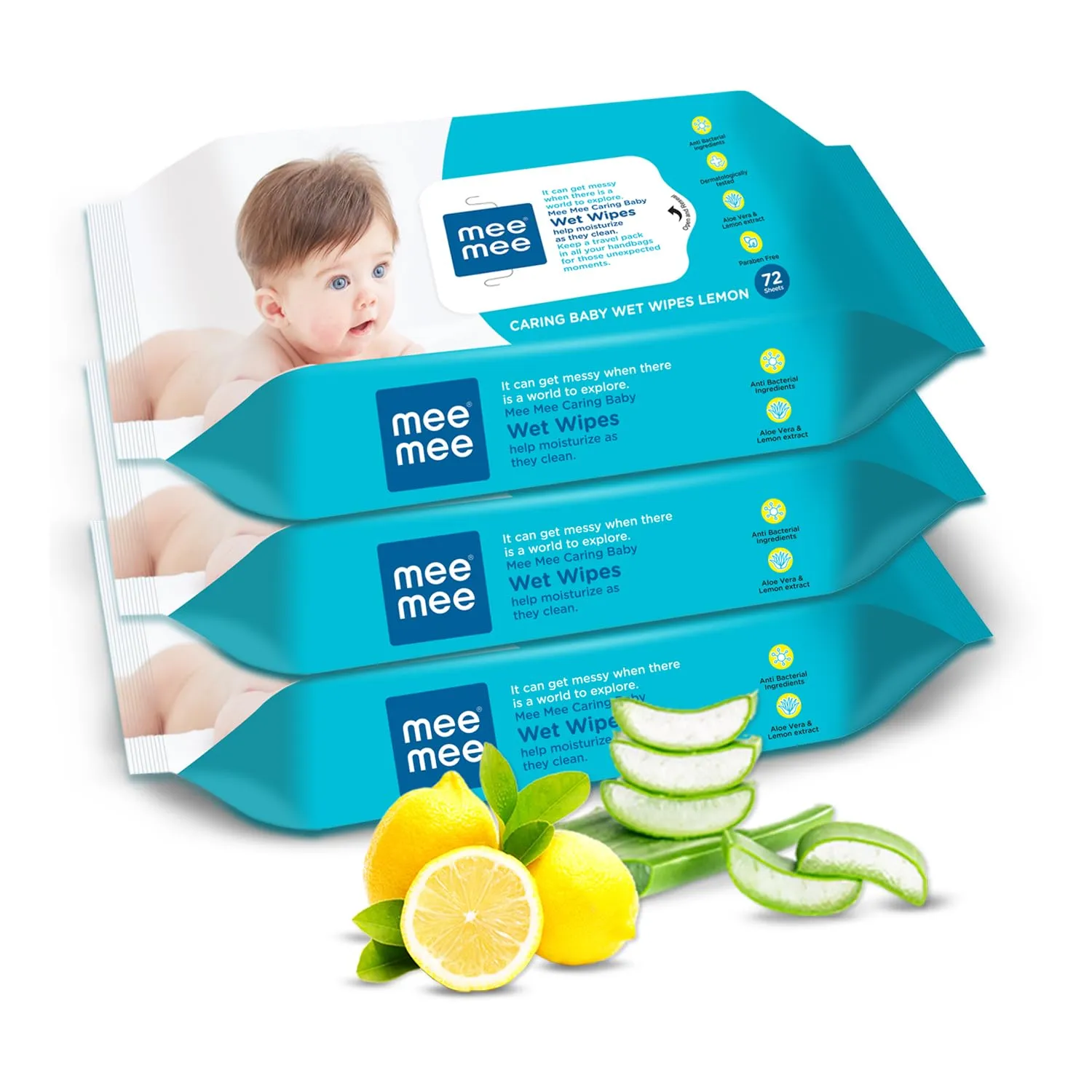 Mee Mee Baby Gentle Wet Wipes Infused with Aloe vera & Lemon Extracts, Mild fragrance for Babies/Kids/Infants (Pack of 3, Count 72 Pieces)