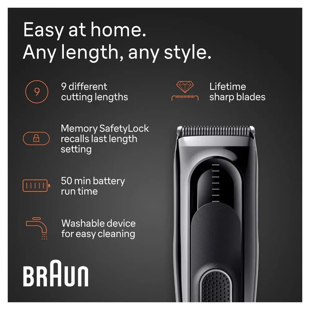 New - Braun Series 5 HC5310 Rechargeable 9-Setting Hair Clipper   2 Attachment Combs