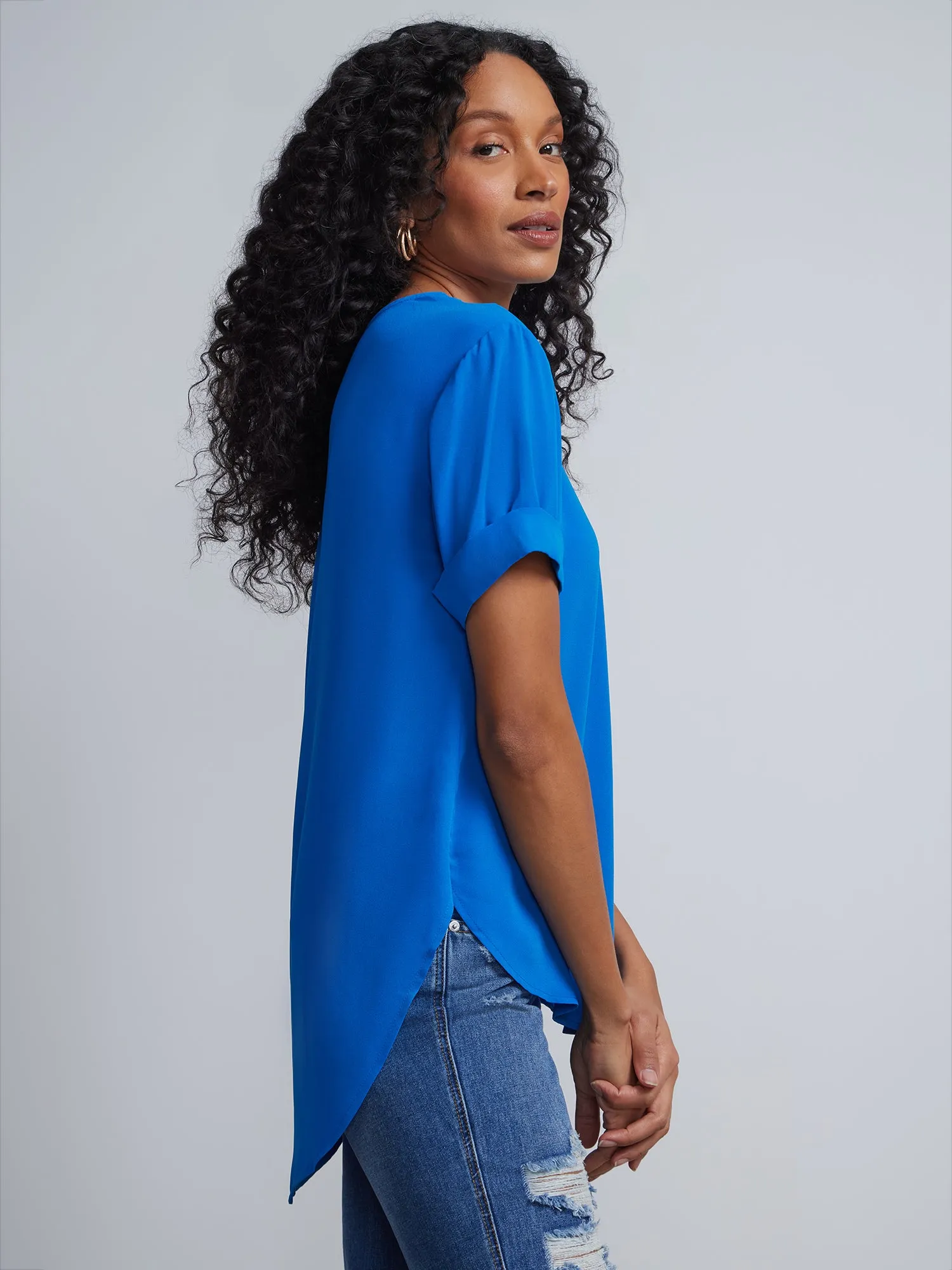 Petite Crewneck Side-Slit Cuffed Tee