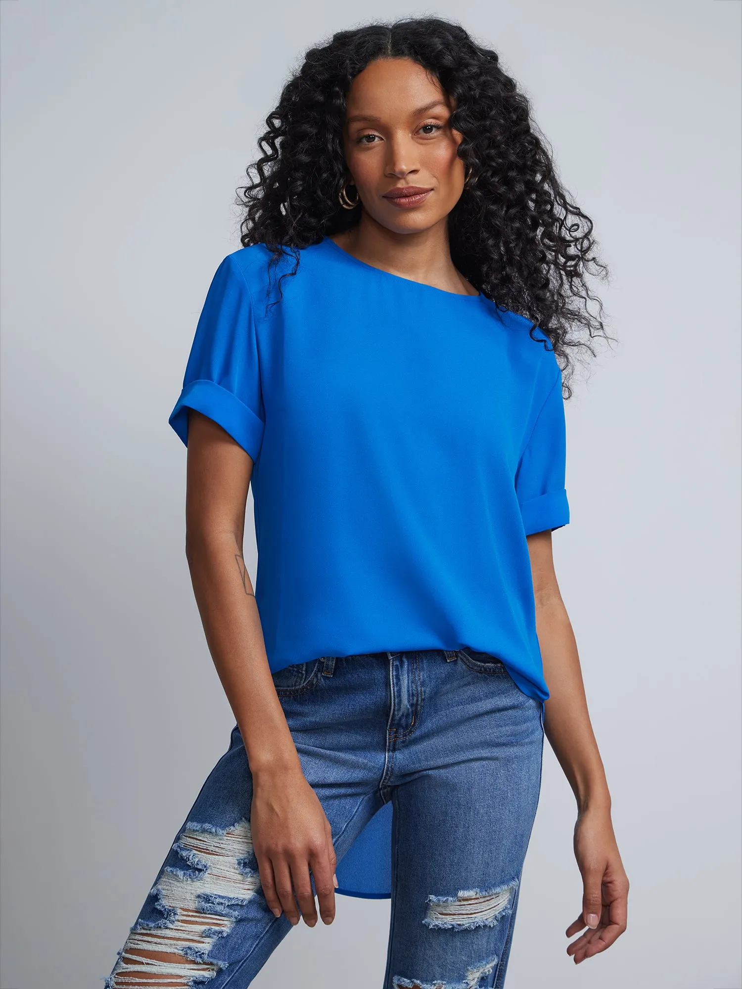 Petite Crewneck Side-Slit Cuffed Tee