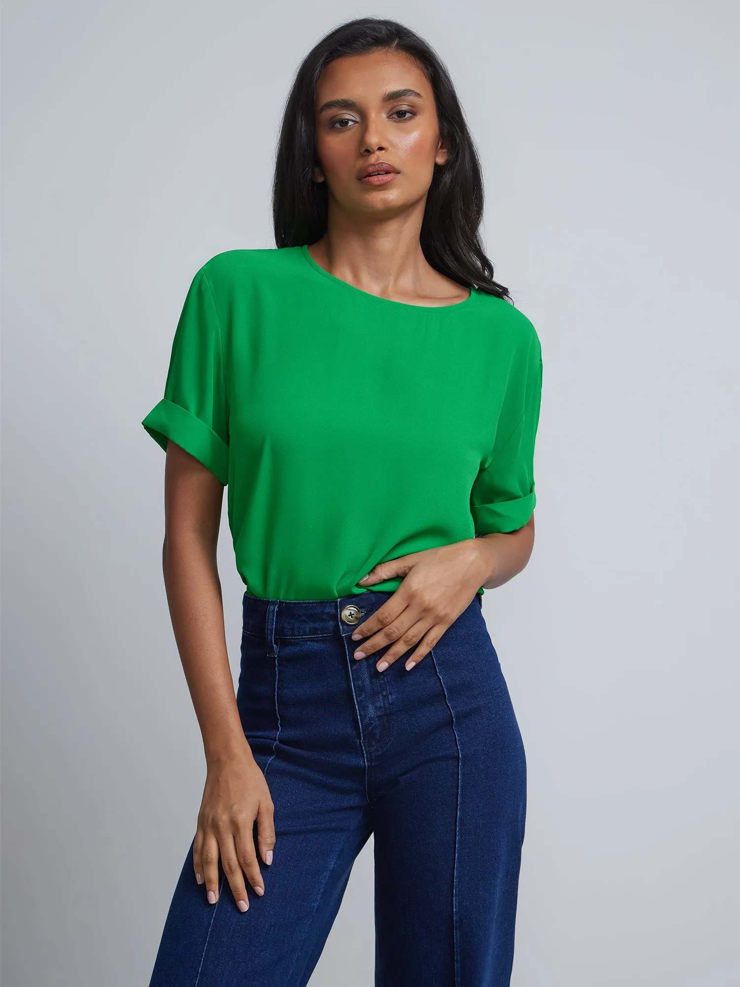 Petite Crewneck Side-Slit Cuffed Tee